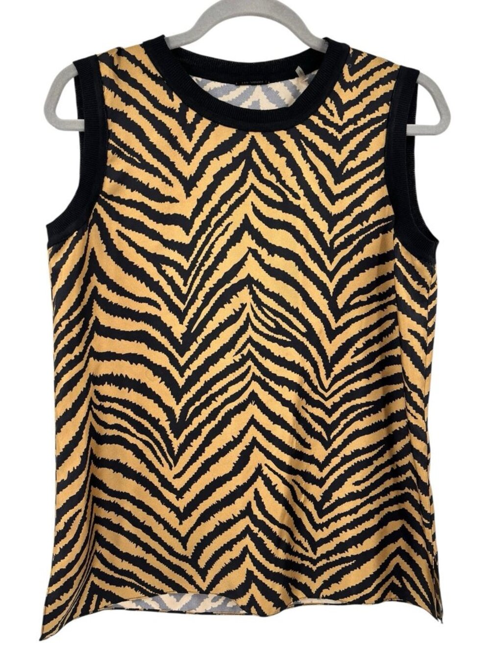ELIE TAHARI Women's Black Tan Sleeveless Animal Print Silk Blouse Small